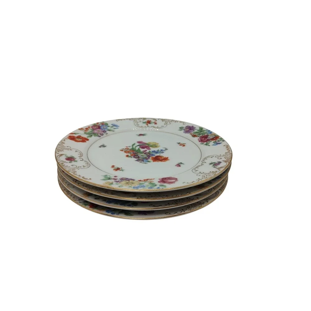 Vintage SGK China Salad Plate Floral Pattern‎ Gold Trim Scroll Set of Four